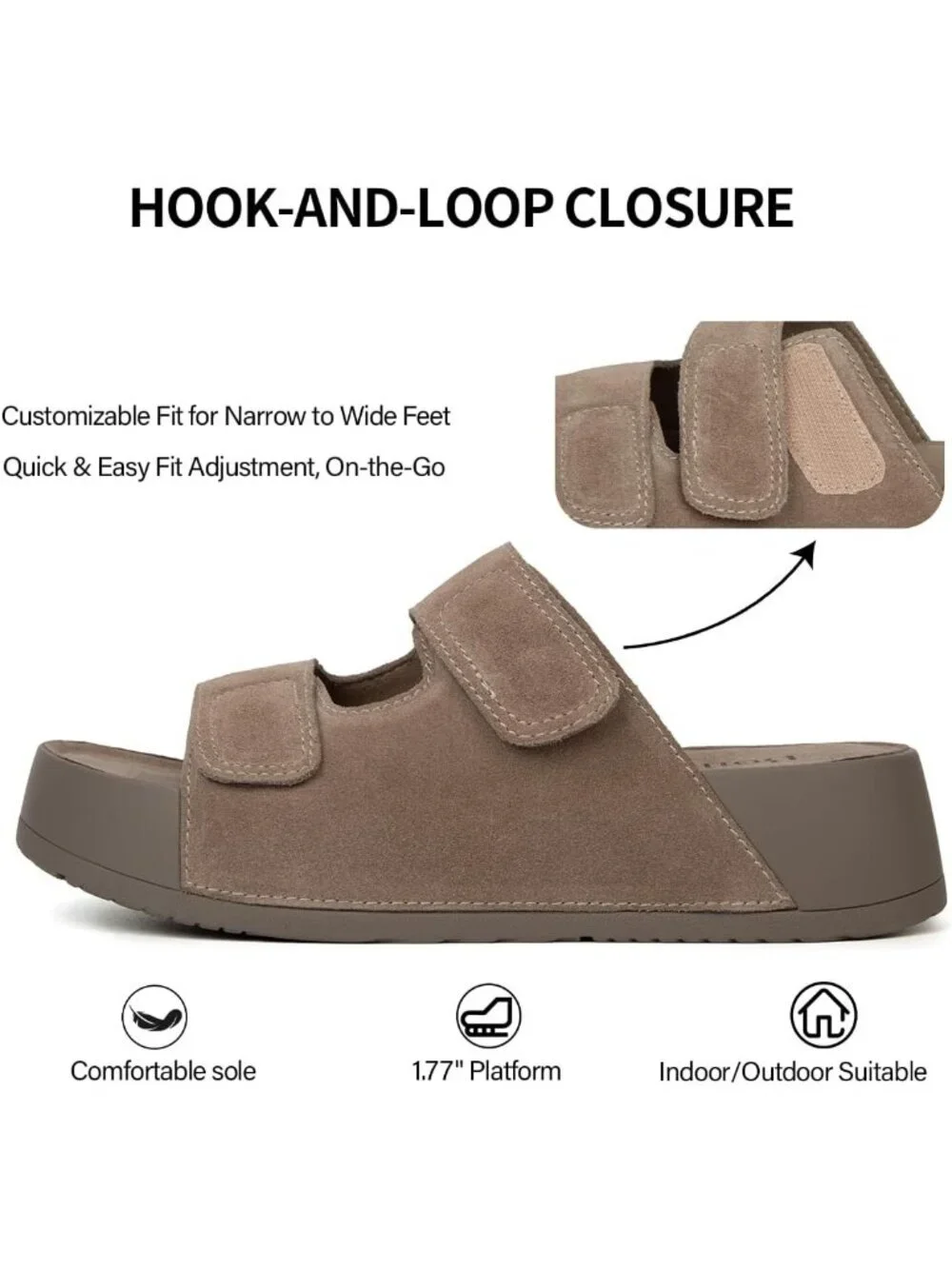 Women's Light Brown Genuine Leather Slip on Slide Buckle Platform Sandal Shoes